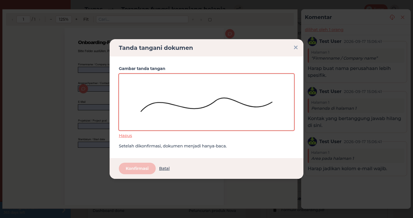 Dialog Tanda tangani dokumen dengan bidang Gambar tanda tangan di atas PDF terbuka