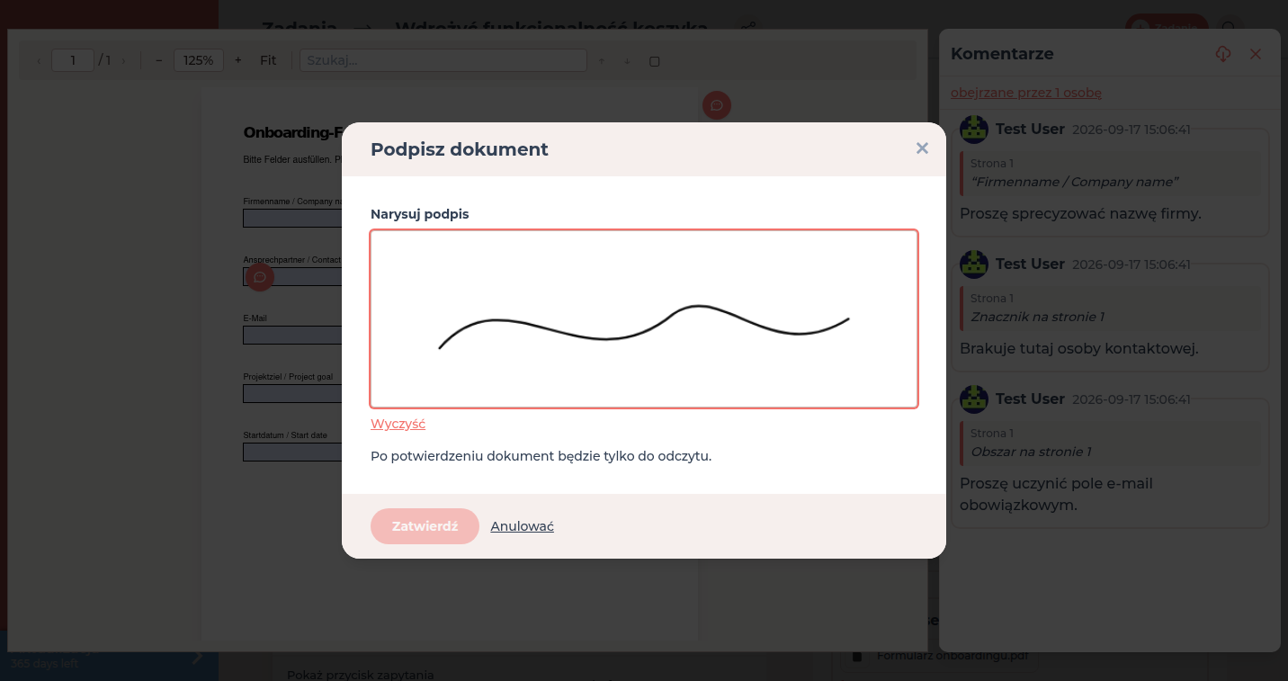 Okno podpisu dokumentu z polem Narysuj podpis nad otwartym PDF
