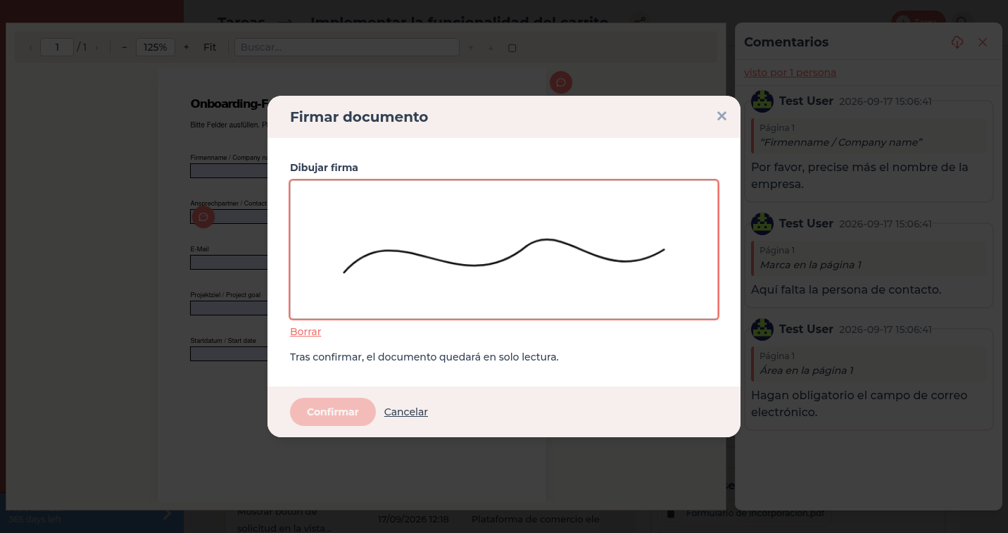 Diálogo Firmar documento con el campo Dibujar firma sobre el PDF abierto
