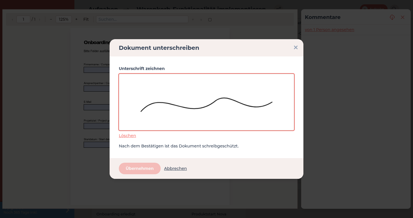 Dialog Dokument unterschreiben mit Feld Unterschrift zeichnen über dem geöffneten PDF