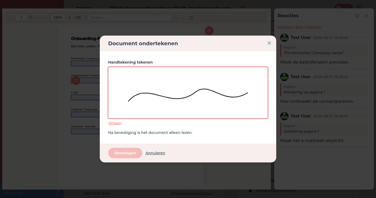Dialoog Document ondertekenen met veld Handtekening tekenen boven de geopende PDF