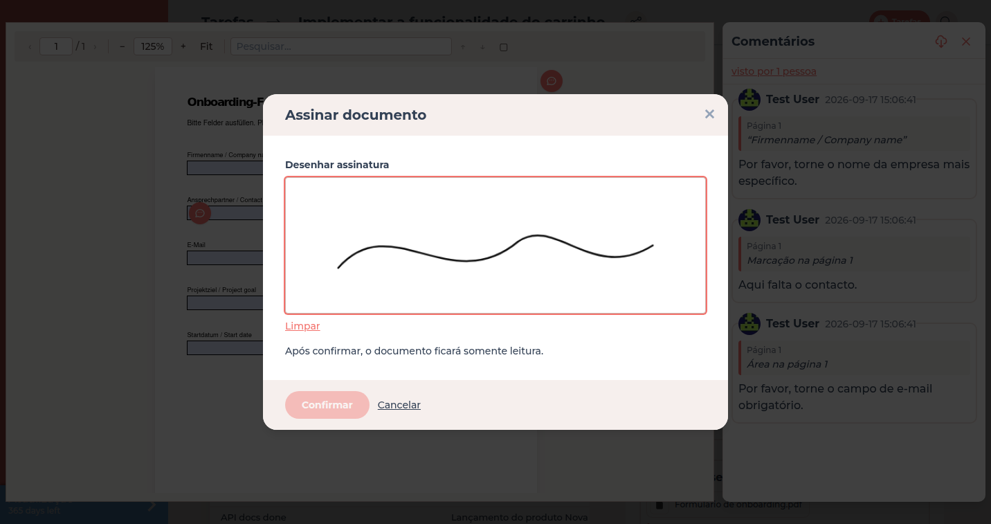 Diálogo Assinar documento com o campo Desenhar assinatura sobre o PDF aberto