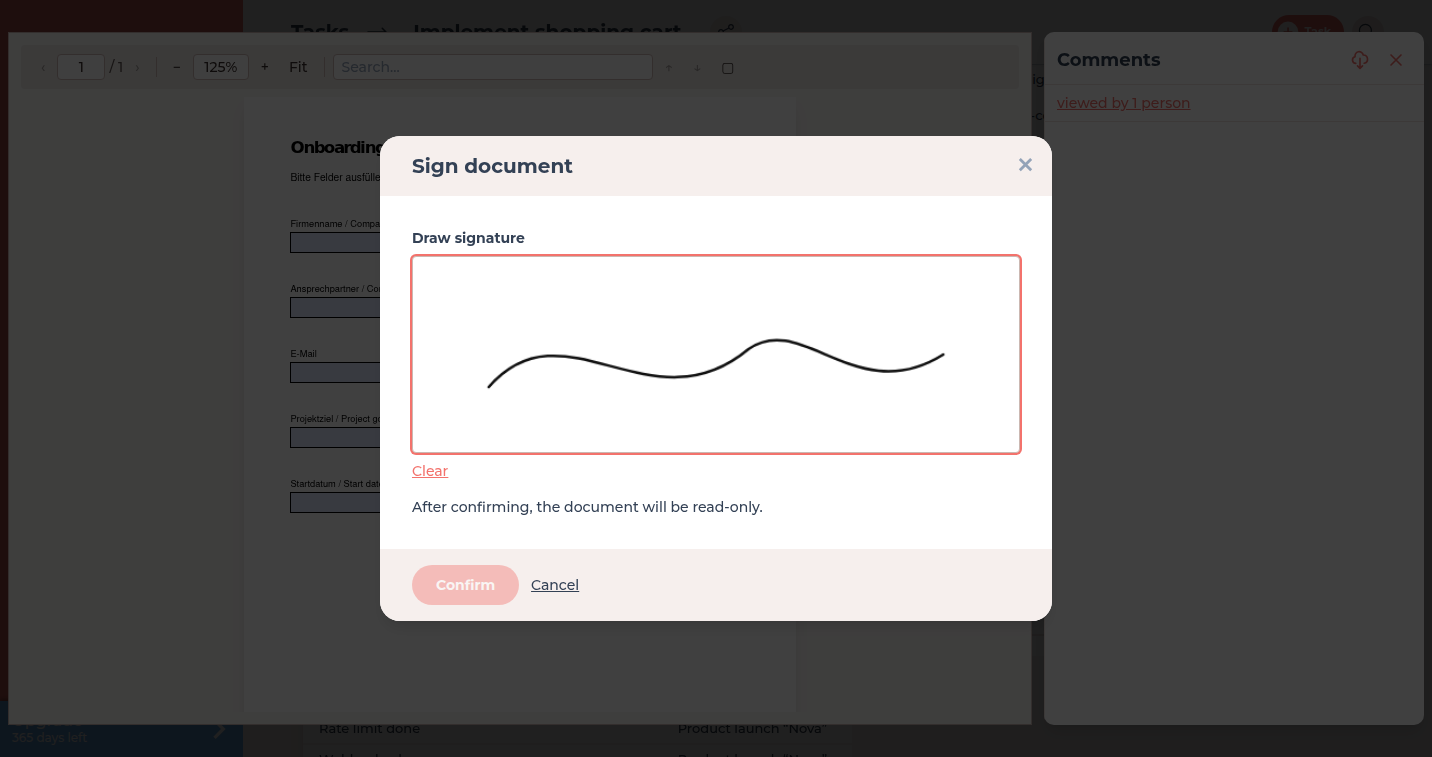 Sign document dialog with Draw signature over the open PDF