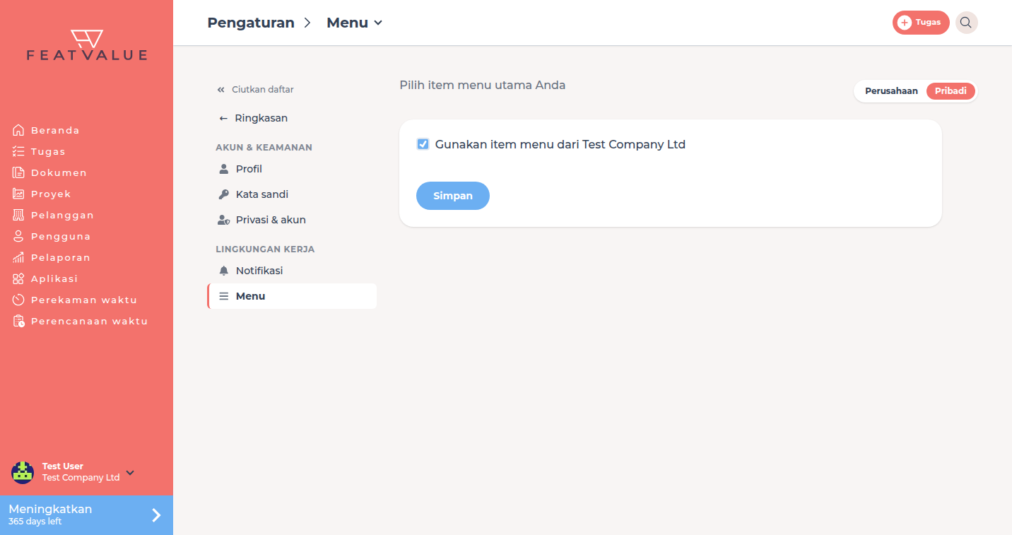 Halaman detail Menu dengan bidang tercentang Gunakan item menu dari Test Company GmbH