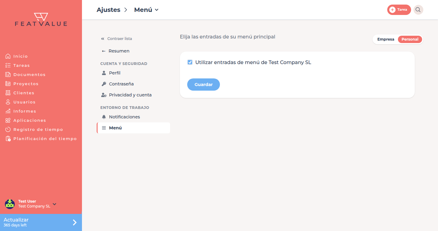 Página de detalle Menú con la casilla marcada Utilizar entradas de menú de Test Company GmbH