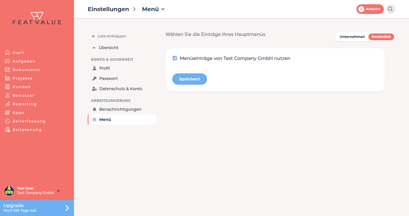 Detailseite Menü mit dem angehakten Feld Menüeinträge von Test Company GmbH nutzen