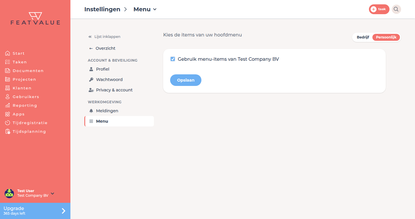 Detailpagina Menu met het aangevinkte veld Gebruik menu-items van Test Company GmbH