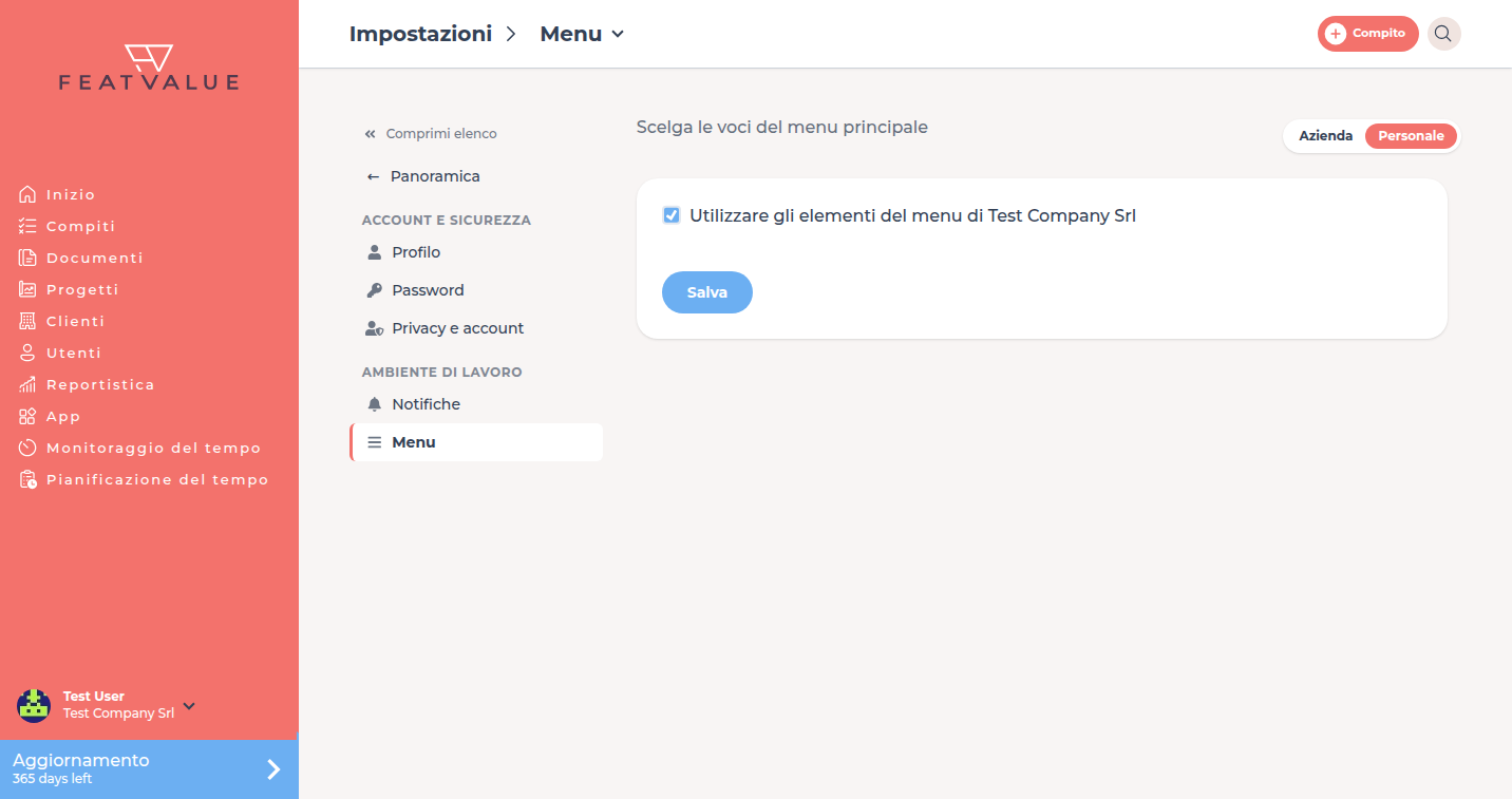 Pagina di dettaglio Menu con la casella selezionata Utilizzare gli elementi del menu di Test Company GmbH