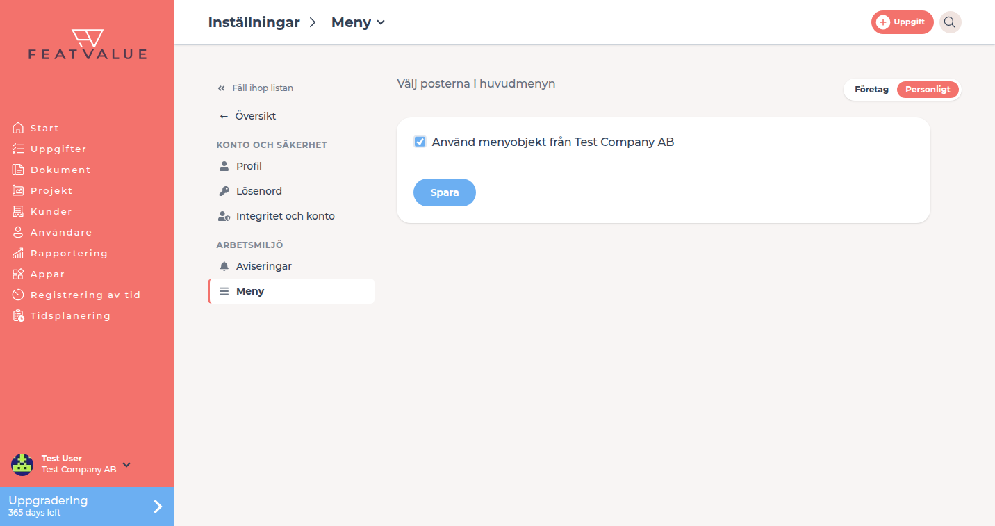 Detaljsidan Meny med det ikryssade fältet Använd menyobjekt från Test Company GmbH