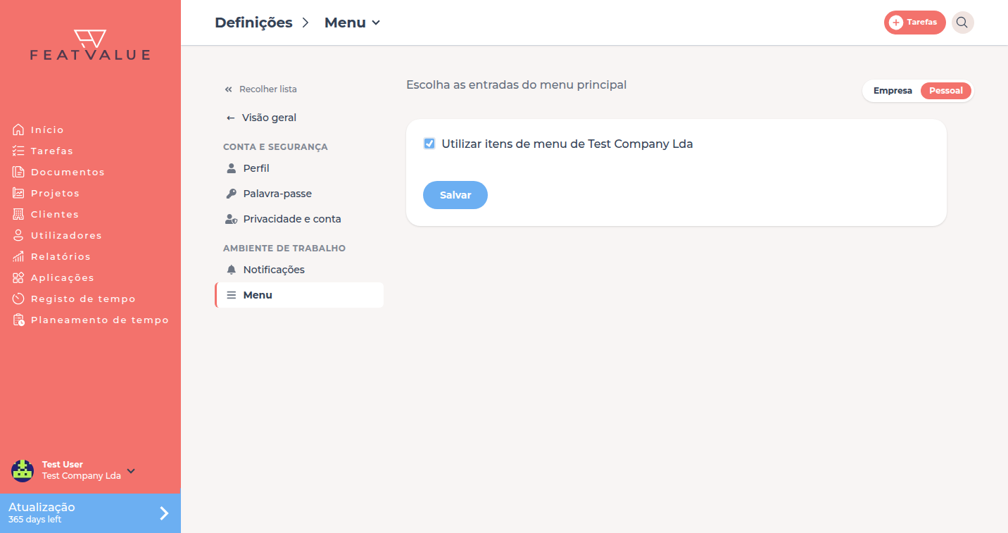 Página de detalhe Menu com a opção marcada Utilizar itens de menu de Test Company GmbH