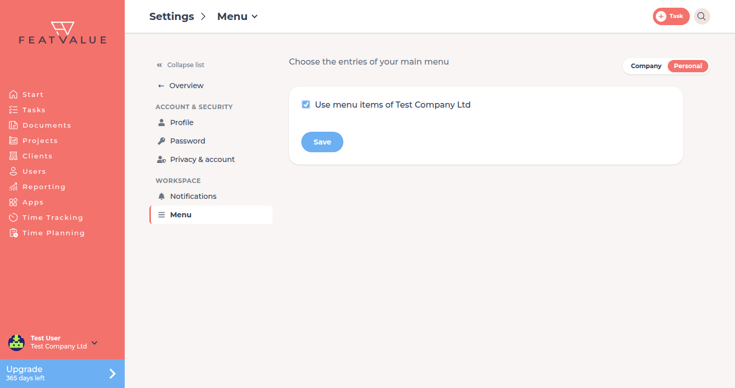 Menu page with the ticked option Use menu items of the company