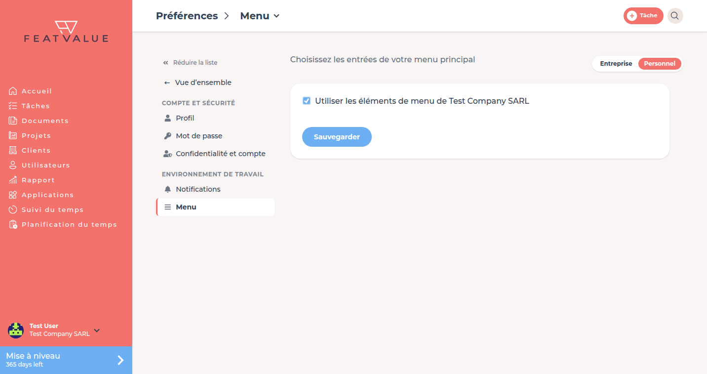 Page de détail Menu avec la case cochée Utiliser les éléments de menu de Test Company GmbH