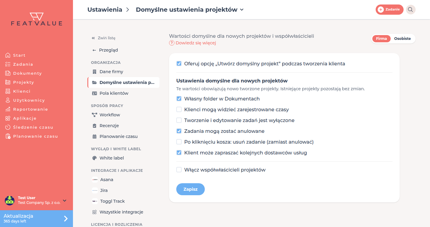 Strona szczegółów Domyślne ustawienia projektów z ustawieniami domyślnymi dla nowych projektów i współwłaścicielami projektów