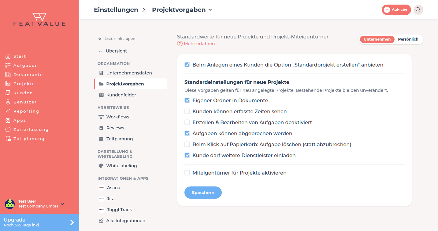 Detailseite Projektvorgaben mit Standardeinstellungen für neue Projekte und Miteigentümer für Projekte
