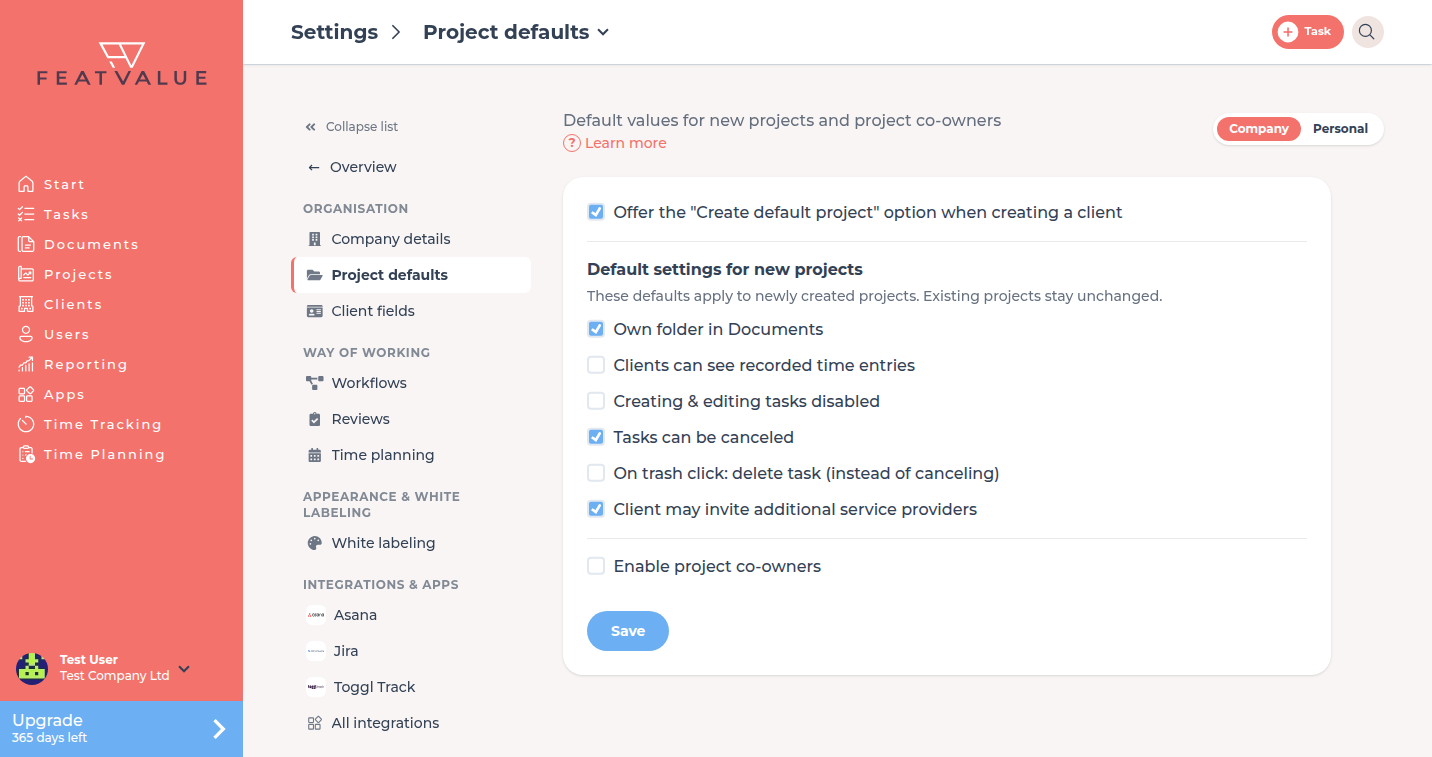 Project defaults page with default settings for new projects and project co-owners