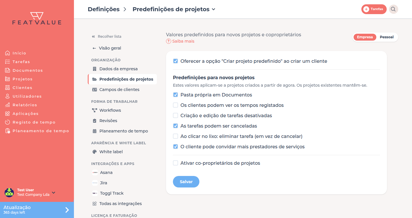 Página de detalhe Predefinições de projetos com predefinições para novos projetos e co-proprietários de projetos