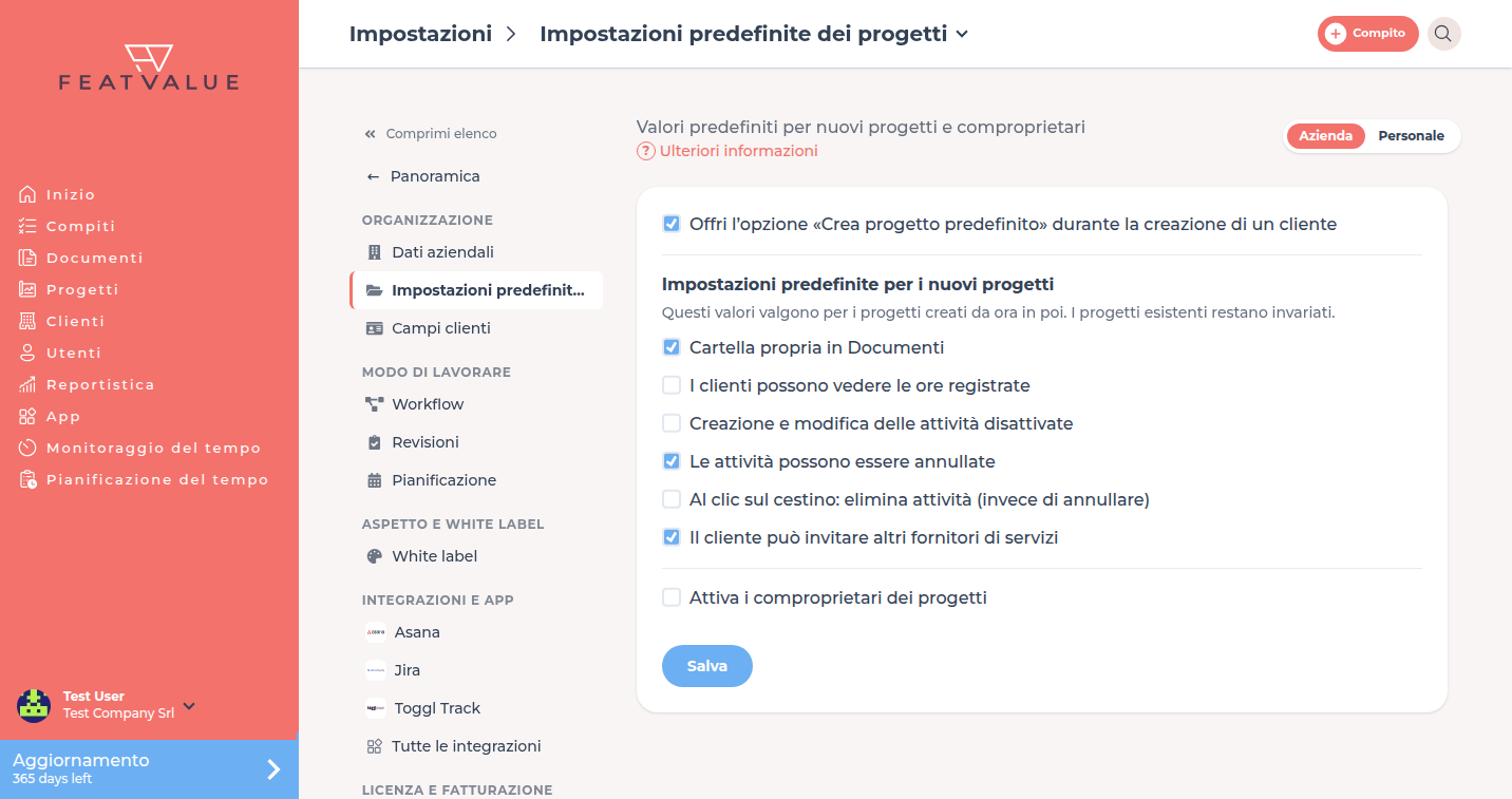 Pagina di dettaglio Impostazioni predefinite dei progetti con impostazioni predefinite per i nuovi progetti e comproprietari dei progetti
