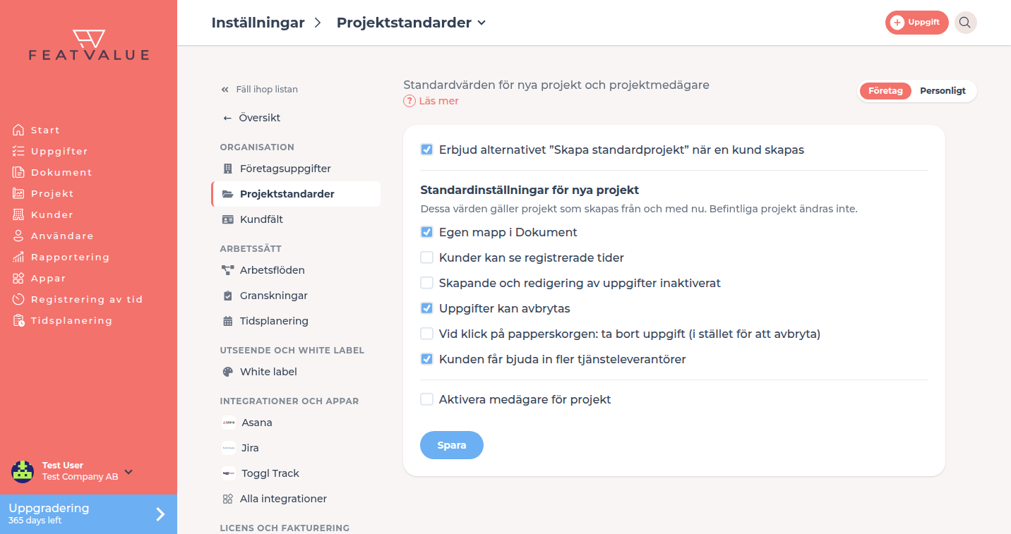 Detaljsidan Projektstandarder med standardinställningar för nya projekt och medägare för projekt