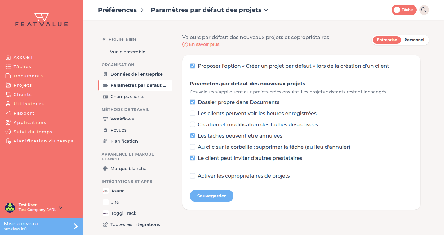Page de détail Paramètres par défaut des projets avec les paramètres par défaut des nouveaux projets et les copropriétaires