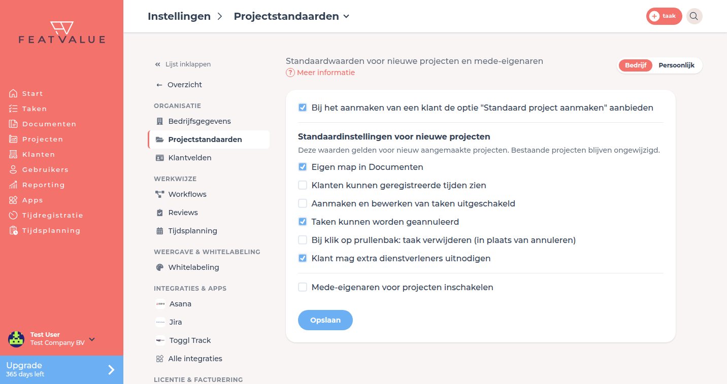 Detailpagina Projectstandaarden met standaardinstellingen voor nieuwe projecten en mede-eigenaren voor projecten