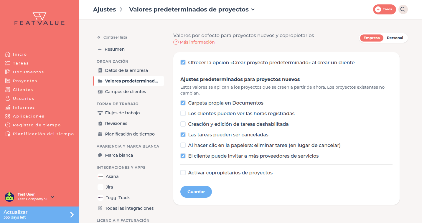 Página de detalle Valores predeterminados de proyectos con ajustes predeterminados para proyectos nuevos y copropietarios de proyectos