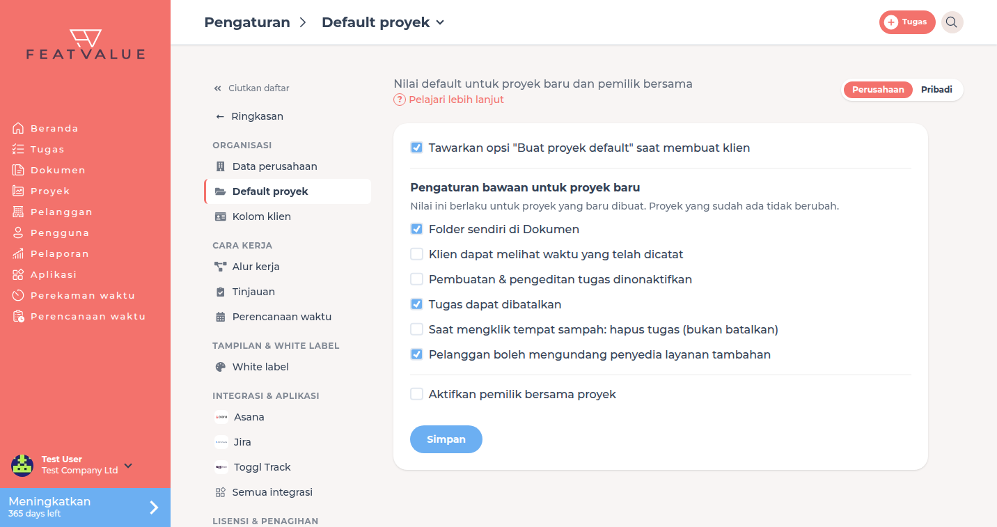Halaman detail Default proyek dengan pengaturan bawaan untuk proyek baru dan pemilik bersama proyek