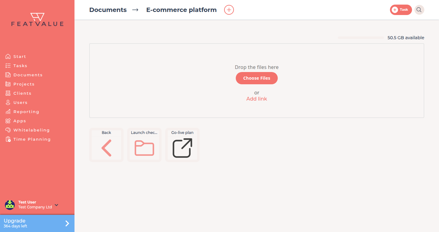 Project folder E-commerce platform with a Back tile, the folder Launch checklist and the link Go-live plan