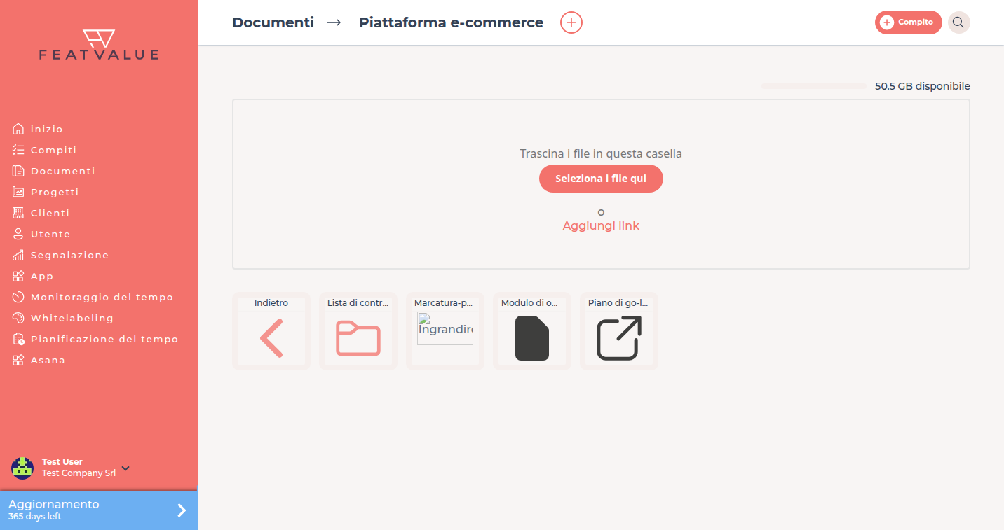 Cartella Progetto Piattaforma e-commerce con una tessera Indietro, la cartella Checklist di lancio e il link Piano go-live
