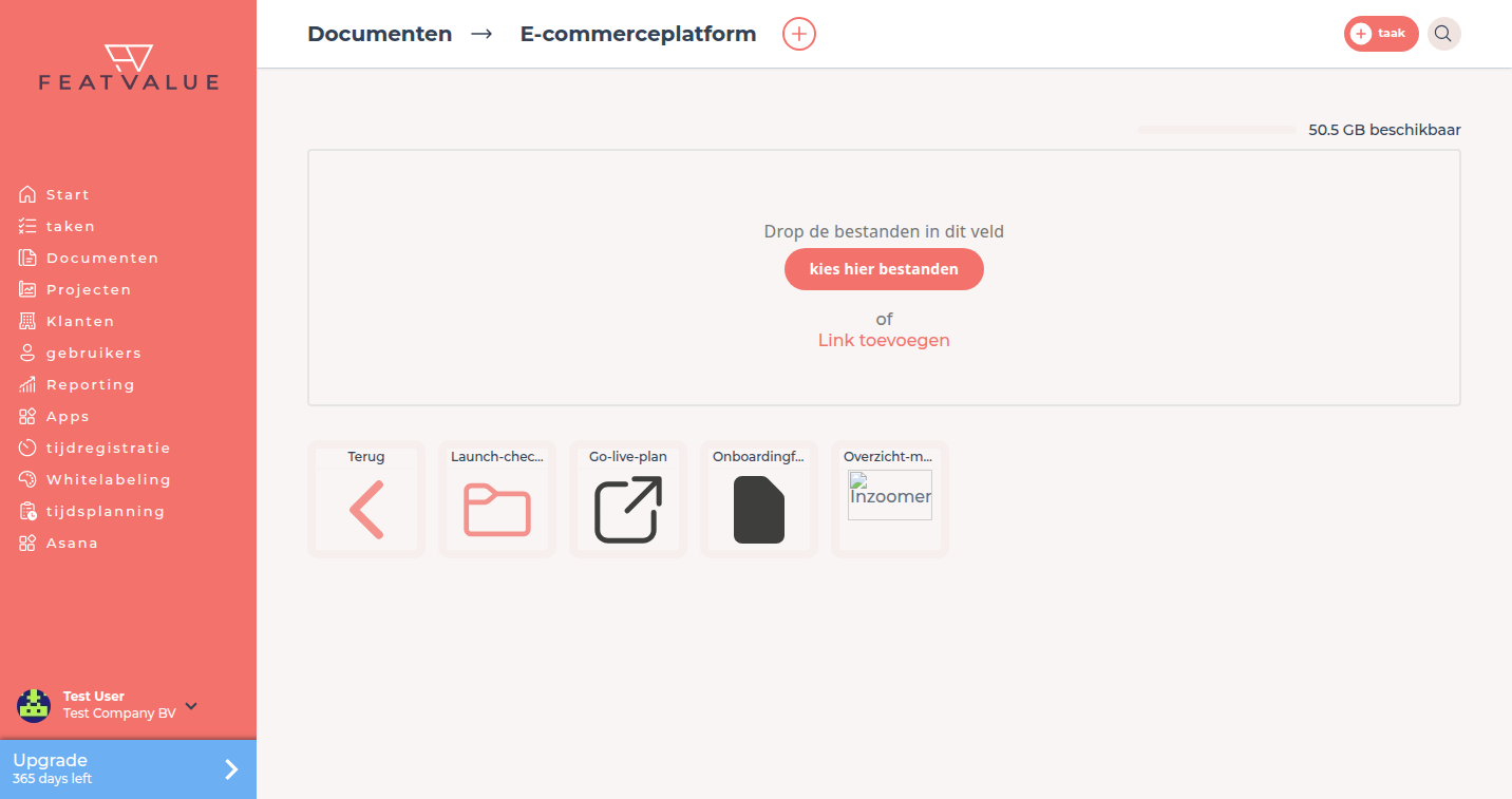 Projectmap E-Commerce Plattform met Terug-tegel, de map Launch-checklist en de link Go-Live-Plan