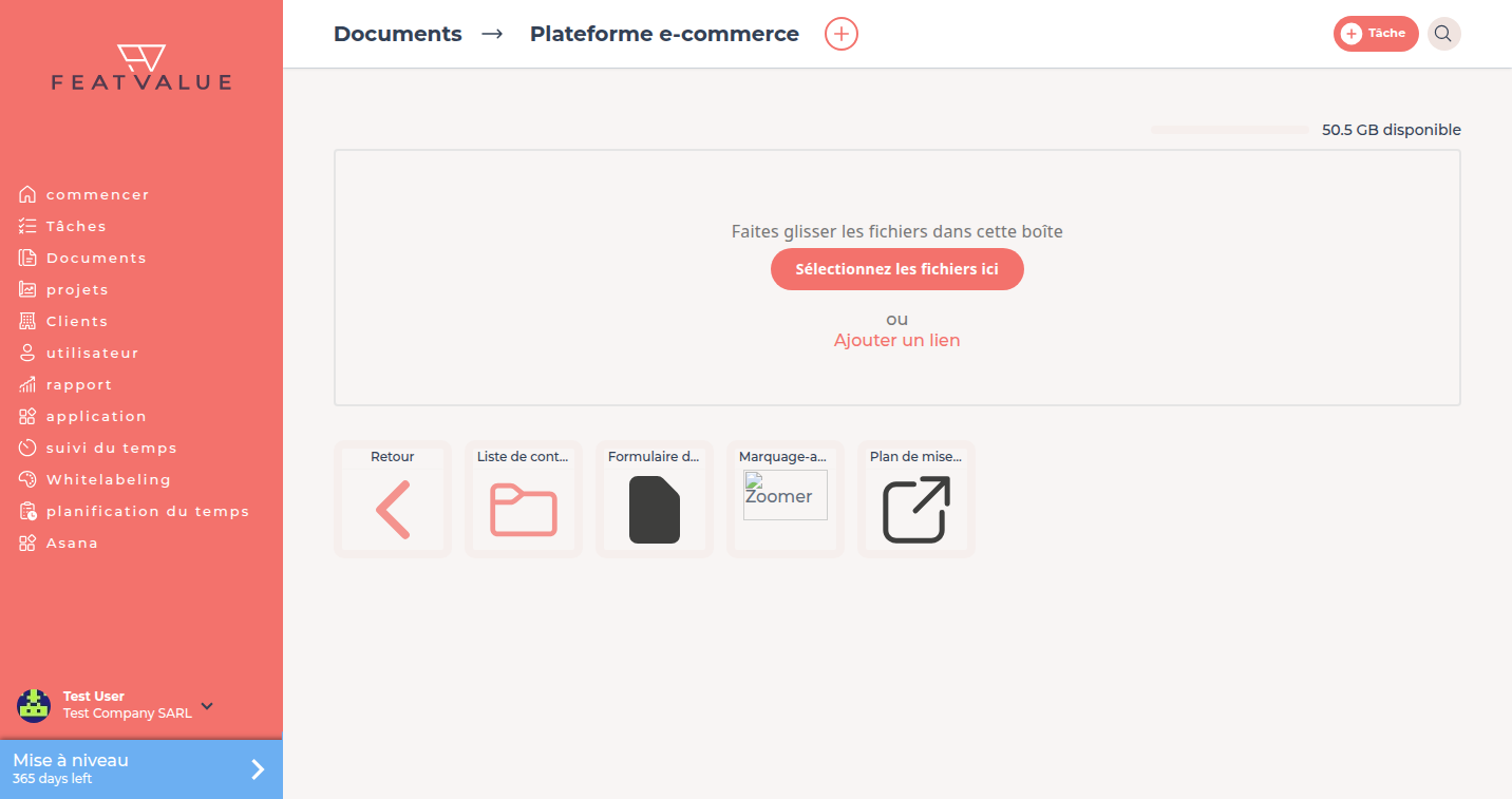 Dossier de Projet Plateforme e-commerce avec tuile Retour, le dossier Liste de lancement et le lien Plan de mise en ligne