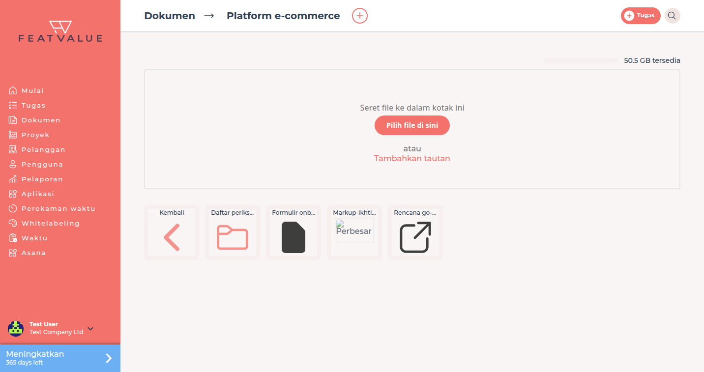 Folder proyek Platform e-commerce dengan ubin Kembali, folder Daftar periksa peluncuran, dan tautan Rencana go-live