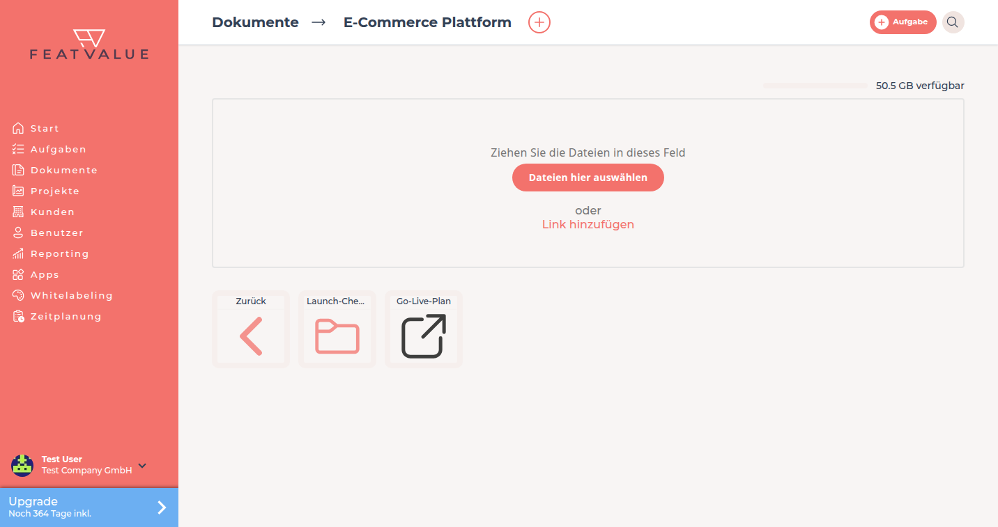 Projektordner E-Commerce Plattform mit Zurück-Kachel, dem Ordner Launch-Checkliste und dem Link Go-Live-Plan