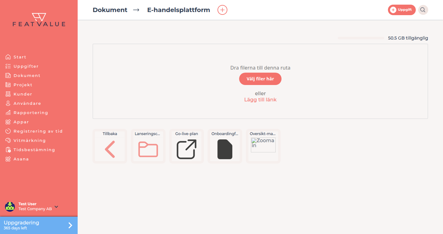 Projektmappen E-handelsplattform med brickan Tillbaka, mappen Lanseringschecklista och länken Go-live-plan