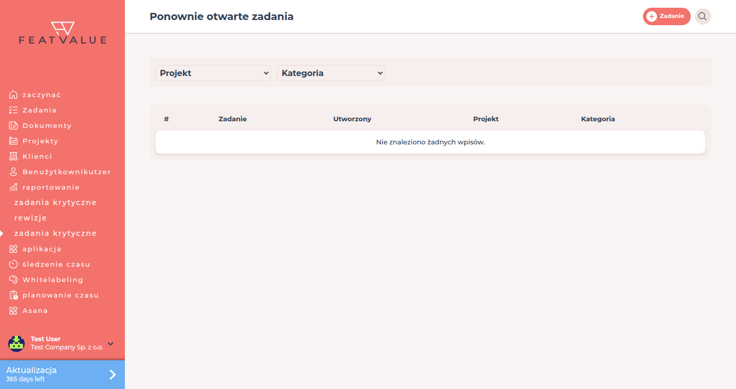 Lista Ponownie otwarte zadania pod raportowaniem