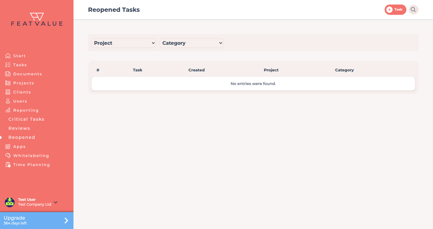 Reopened tasks list under Reporting
