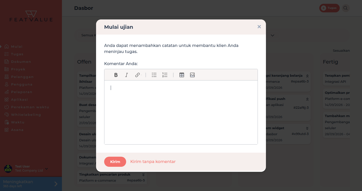 Popup tinjauan di dasbor setelah memindahkan kartu ke status pemeriksaan