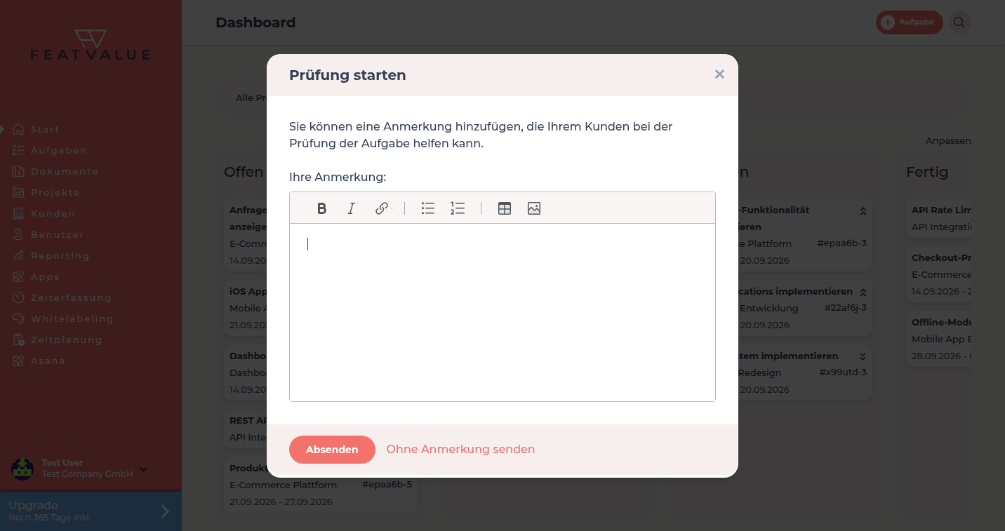 Review-Popup auf dem Dashboard nach dem Verschieben einer Karte in den Prüfstatus