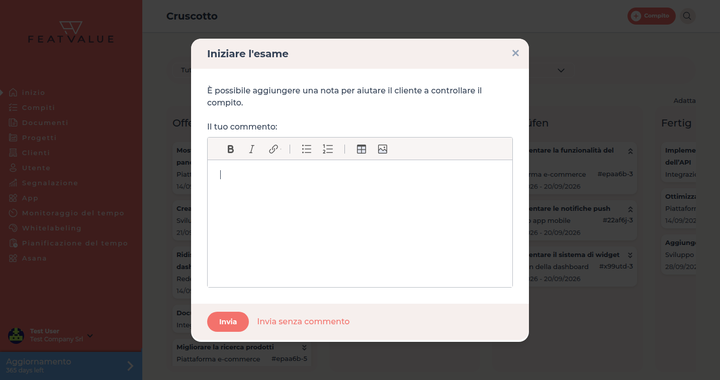 Popup di revisione sulla dashboard dopo aver trascinato una scheda nello stato di revisione