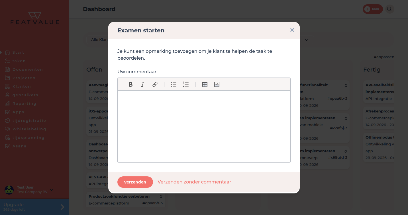 Review-popup op het dashboard na het verschuiven van een kaart naar de beoordelingsstatus