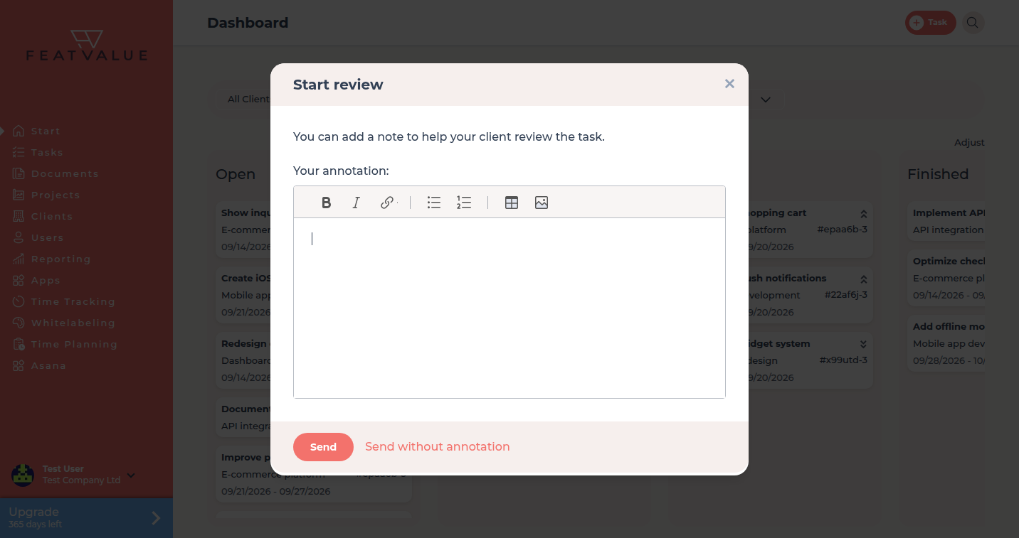 Review popup on the dashboard after dragging a card into the review status