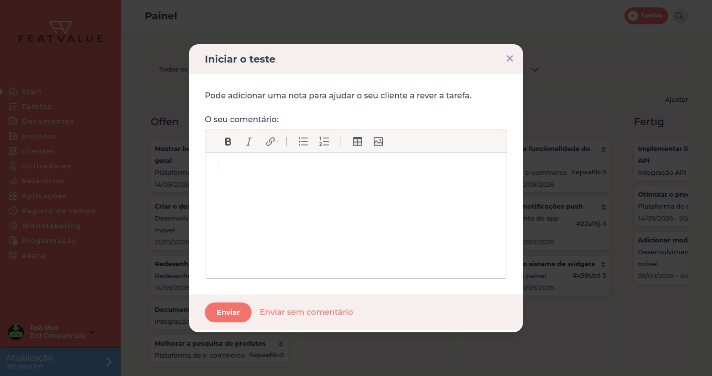 Popup de revisão no painel após arrastar um cartão para o Estado de revisão