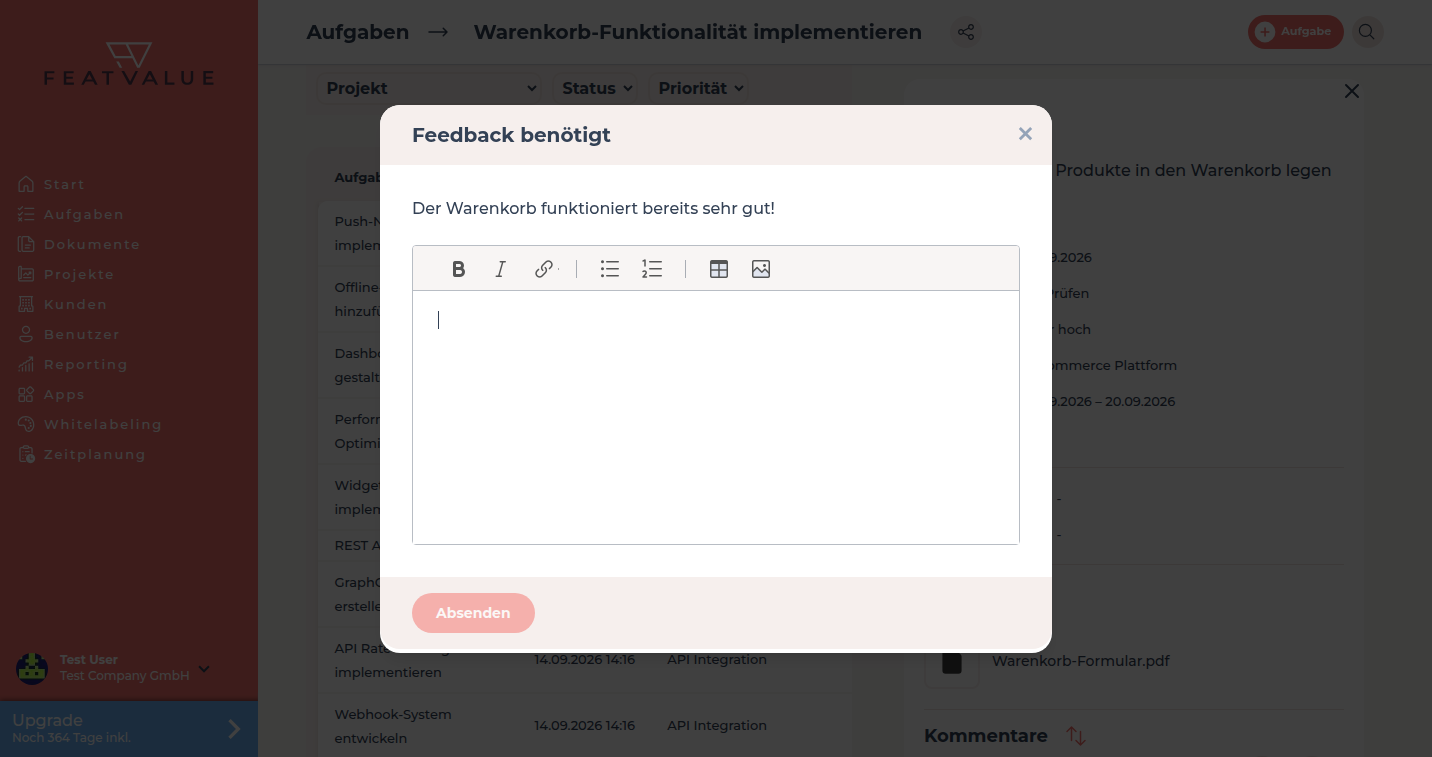 Feedback-Feld beim Anfordern einer Überarbeitung
