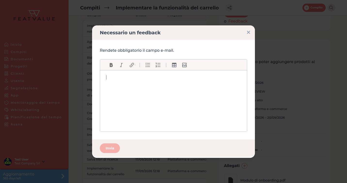 Campo feedback quando si chiede una revisione