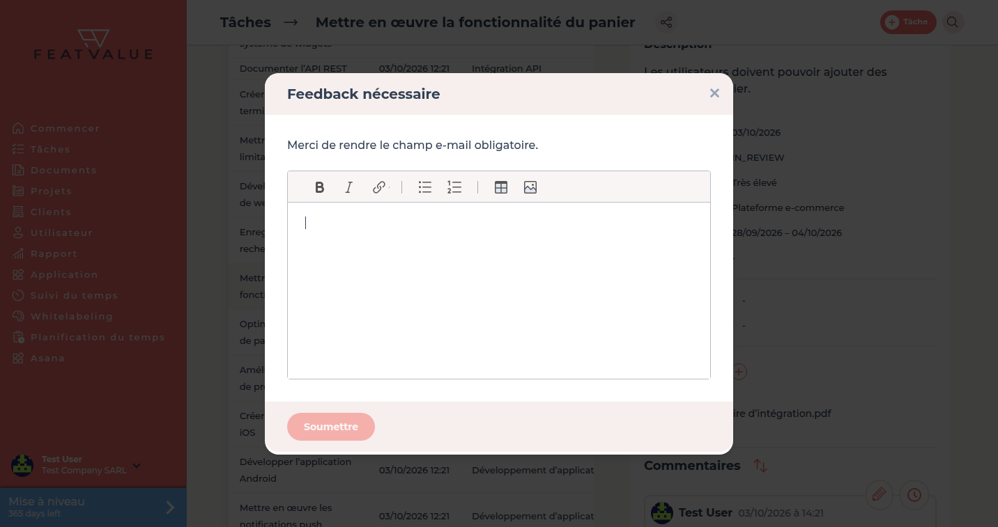 Boîte de dialogue Feedback nécessaire avec un champ de texte et le bouton Soumettre