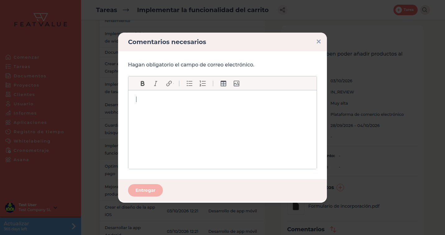 Diálogo Comentarios necesarios con campo de texto y el botón Enviar