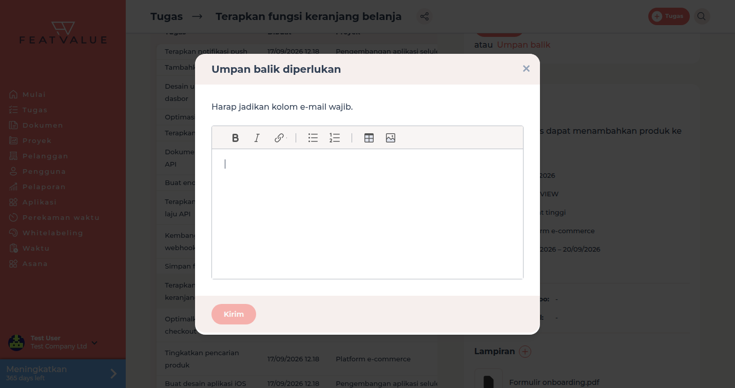 Bidang umpan balik saat meminta revisi
