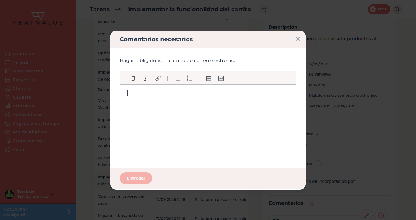 Campo de feedback al solicitar una revisión
