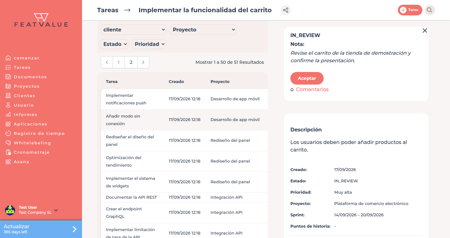 Detalles de Tarea con Estado A examen, los botones Aceptar y Comentarios y la descripción de revisión