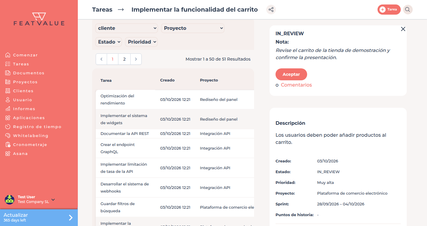 Tarea en el estado En revisión con la nota de la agencia y los botones Estoy satisfecho y Solicitar revisión