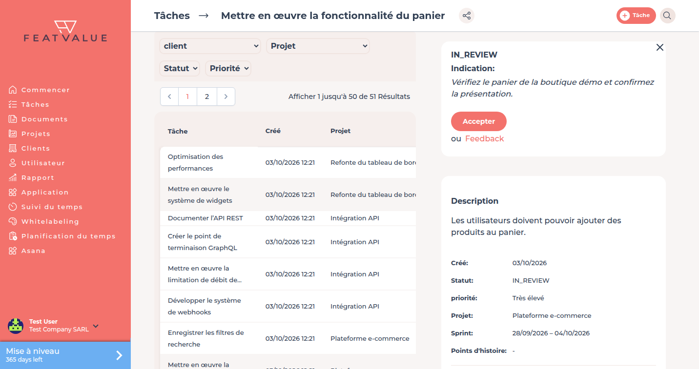 Tâche au statut En cours d'examen avec l’indication de l’agence et les boutons Je suis satisfait et Demander une révision